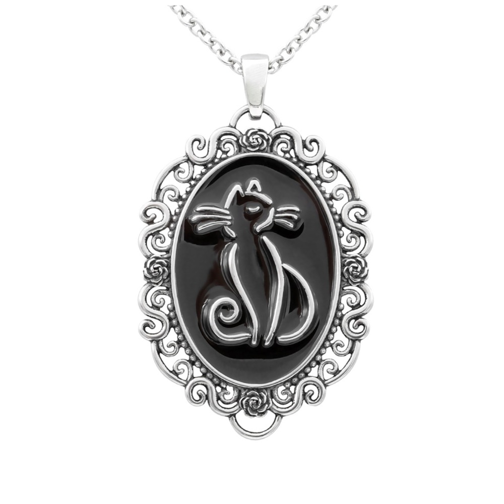 Kitty Cat Cameo Necklace Black Epoxy NWT
